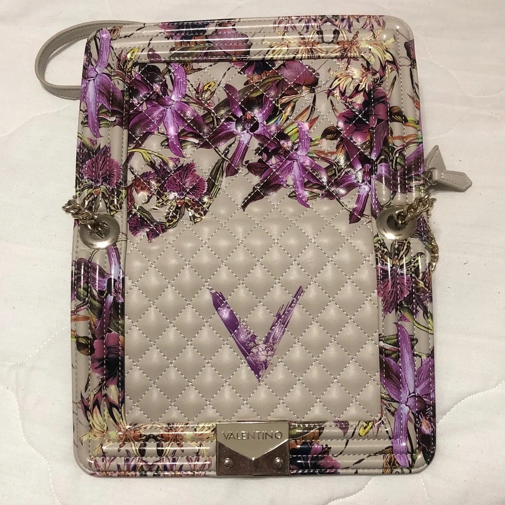 Valentino Quilted Floral Leather Shoulder Bag in Cream & Purple